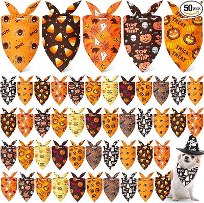 Weewooday 50 Pcs Halloween Dog Bandanas Bulk Pumpkin Ghost Bandanas for Dogs Soft Triangle Bibs Adjustable Triangle for Small Medium Large Pets Halloween Party Costume(25.6 x 17.7 x 17.7 inch)