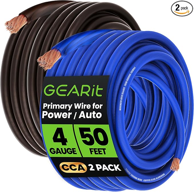 GEARit 4 Gauge Wire (50ft Each - Black/Blue Translucent) Copper Clad Aluminum CCA - Primary Automotive Wire Power/Ground, Battery Cable, Car Audio Speaker, RV Trailer, Amp, Electrical 4ga AWG 50 Feet