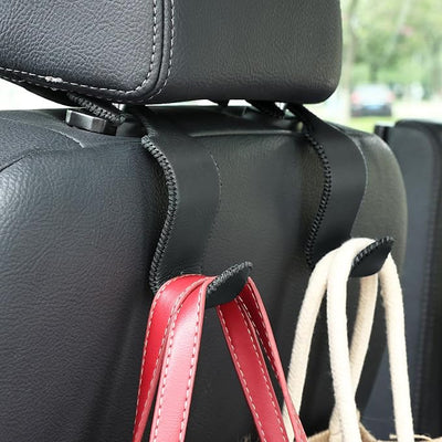Amooca Car Seat Headrest Hook 4 Pack Metal Core Hanger Universal Car Storage Organizer for Handbag Purse Coat S Type Leather Black