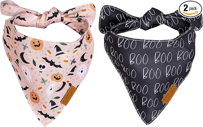 Remy+Roo Dog Bandanas - 2 Pack | Halloween Spooky Dog Bandanas Set | Premium Durable Fabric | Patented Shape Bandanas for Dogs (Halloween, Small)