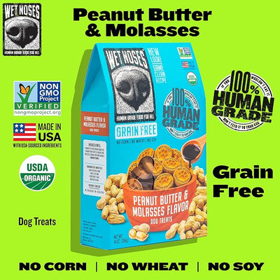 Wet Noses Organic Crunchy Dog Treats – All-Natural, Human-Grade, Non-GMO, Healthy Training & Delicious Snacks for Dogs, All Dog Sizes & Breeds – Grain Free Peanut Butter & Molasses, 14oz (Single Pack)