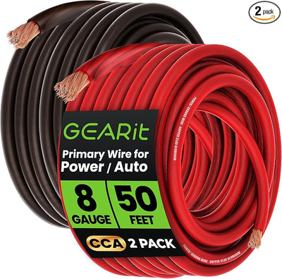 GEARit 8 Gauge Wire (50ft Each- Black/Red Translucent) Copper Clad Aluminum CCA - Primary Automotive Wire Power/Ground, Battery Cable, Car Audio Speaker, RV Trailer, Amp, Electrical 8ga AWG 50 Feet