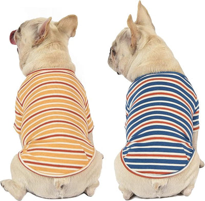 Dog Shirts Cotton Striped T-Shirt, Summer Pet Clothes for Small Dogs, 2-Pack Soft Puppy Apparel Cat Tee, Breathable Stretchy, Blue Yellow L