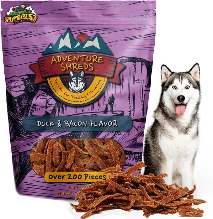 Adventure Shreds Duck & Bacon Dog Treats, Soft & Thin Dog Treats for Training & Rewards, Grain-Free Snacks for Pets of All Breeds and Ages - 2.5 Ounce Pouch