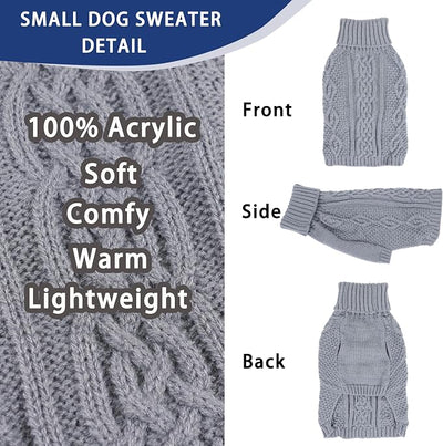 Dog Sweaters for Small Dogs Winter Dog Clothes Turtleneck Knit Puppy Sweater Warm Chihuahua Clothes Cat Sweater Frenchie Doggy Pullover Outfit with Twisted Design(Grey, Small)
