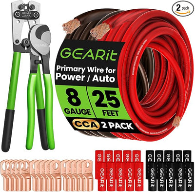 GEARit 8 Gauge Wire Kit, 8 AWG Amp Wiring Kit CCA Battery Cable 25 ft Black/Red, with Crimper, Cutter, Lugs & Heat Shrink