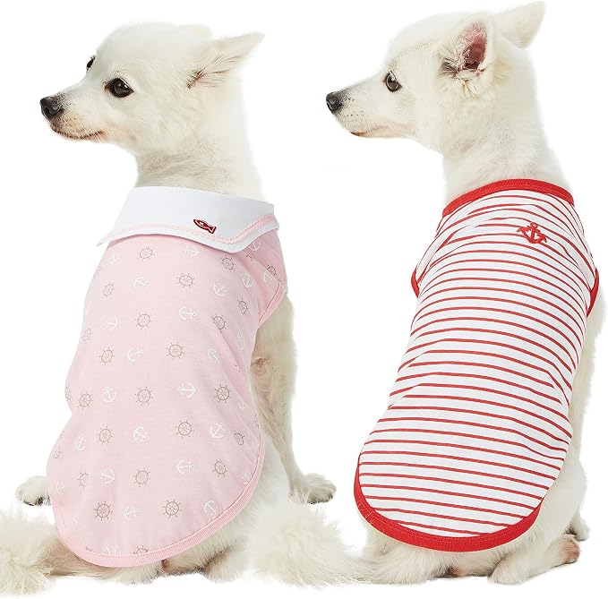 Blueberry Pet Soft & Comfy Summer Vacation Beach Cotton Dog T-Shirts, 2 Pack, Sea Lover Girl Power Shirts Tank Top Clothes, Back Length 14", for Small Medium Dogs
