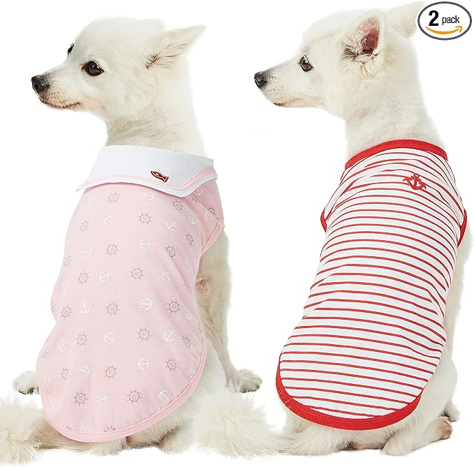 Blueberry Pet Soft & Comfy Summer Vacation Beach Cotton Dog T-Shirts, 2 Pack, Sea Lover Girl Power Shirts Tank Top Clothes, Back Length 10", for Small Dogs