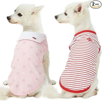 Blueberry Pet Soft & Comfy Summer Vacation Beach Cotton Dog T-Shirts, 2 Pack, Sea Lover Girl Power Shirts Tank Top Clothes, Back Length 10", for Small Dogs