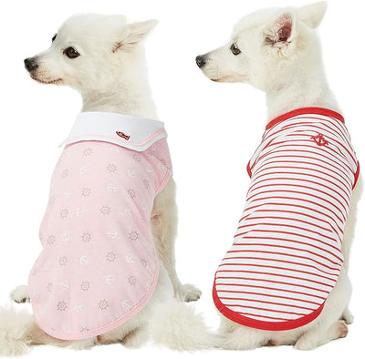 Blueberry Pet Soft & Comfy Summer Vacation Beach Cotton Dog T-Shirts, 2 Pack, Sea Lover Girl Power Shirts Tank Top Clothes, Back Length 12", for Small Medium Dogs