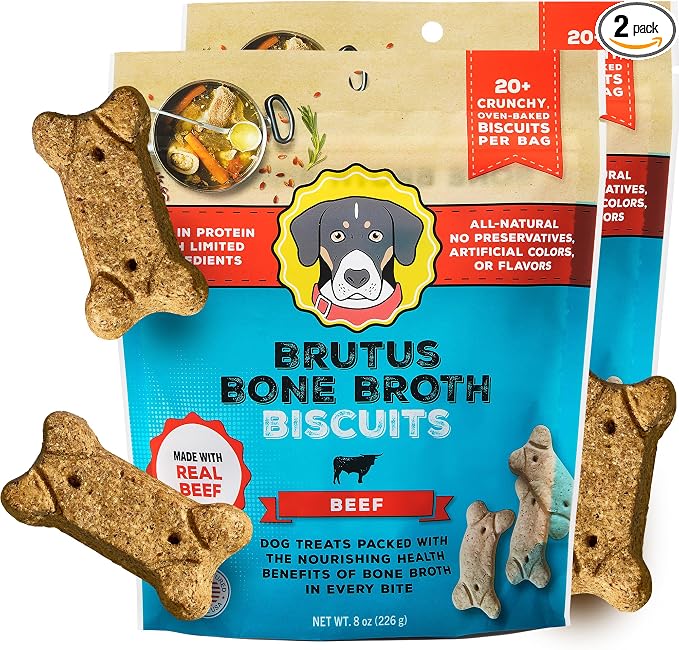 Brutus Bone Broth Biscuits for Dogs - Protein-Rich Dog Treats with Bone Broth and Real Beef - All Natural and Tasty - 8oz, Pack of 2, Beef Flavor