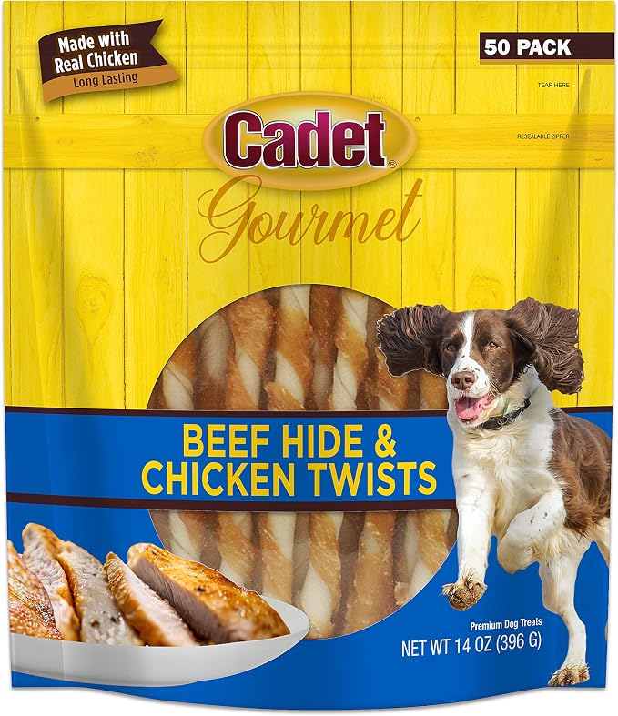 Cadet Gourmet 5-Inch Beef Hide Twist Chew Sticks, Long-Lasting and Natural Rawhide Chews for Dogs, Inspected & Tested in USA, Chicken Flavor, 50 Count