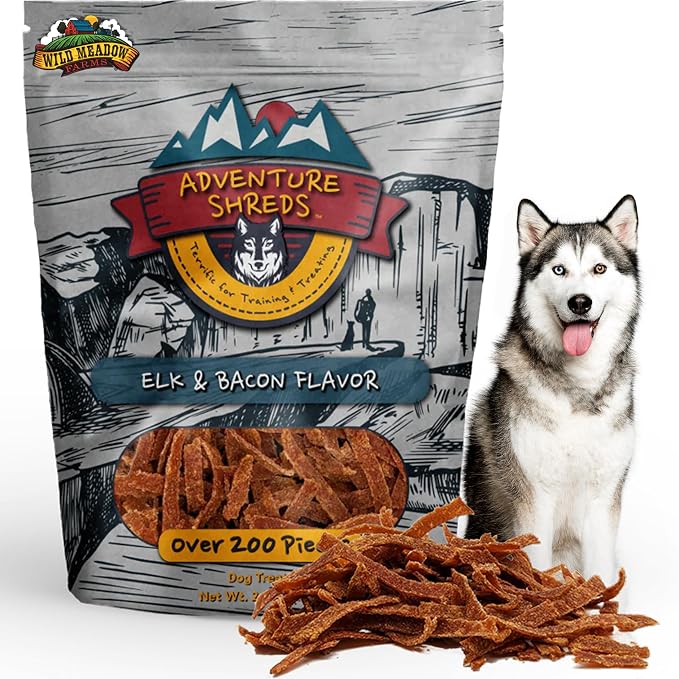 Adventure Shreds Elk & Bacon Dog Treats, Soft & Thin Dog Treats for Training & Rewards, Grain-Free Snacks for Pets of All Breeds and Ages - 2.5 Ounce Pouch