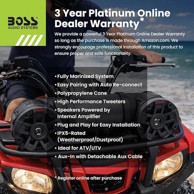 BOSS Audio Systems ATV6.5B ATV UTV Weatherproof Sound System - 6.5 Inch Speakers, 1.5 Inch Tweeters, Built-in Amplifier, Bluetooth, Easy Installation for 12V Vehicles