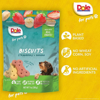Dole for Pets Dog Biscuits Assorted Banana + Strawberry Mix, Real Fruit Flavor Vegan Crunchy Treats, No Wheat Corn Soy or Artificial Additives, Bite Size Training Snacks for Dogs, 7 Oz (Pack of 2)