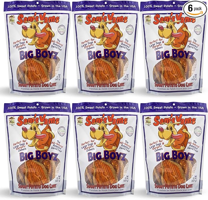 Sams Yams Sweet Potato Dog Treats, Healthy Dog Treats for Large Dogs - Sweet Potato Dog Treats Made in USA, High Fiber, Vegan Dental Chews - Big Boyz, Sweet Potato Dog Chewz, 15oz (Pack of 6)