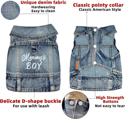 Dog Jeans Jacket Mommy's Boy Denim,Breathable Cotton Blue Pet Coat for Puppy Small Dogs Classic Overalls Male Cat Costumes Apparel Washed Vest Clothes Outfit T-Shirts（Large）