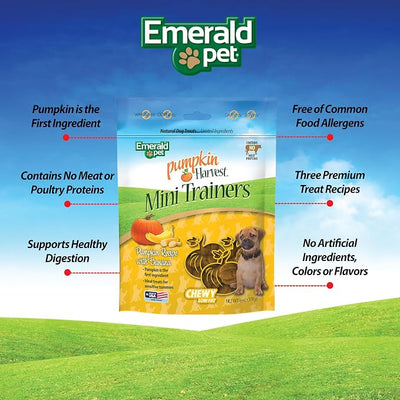 Emerald Pet Pumpkin Harvest Mini Trainers Dog Treats, Banana Flavor, 6 oz – Soft Chewy Low-Fat Training Treats with Real Pumpkin for Digestive Health – Natural, Wheat-Free, Meat-Free, Made in USA