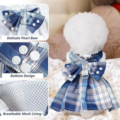 Dog Dress Bowknot Harness Leash Set for Small Dogs Girl Cute Plaid Dog Dress Pearls Bow Tie Spring Summer Princess Clothes Birthday Holiday Doggie Outfits for Puppy Cats Girl Apparel (Black, Small)