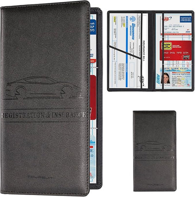 TOURSUIT Car Registration and Insurance Card Holder, Vehicle License Document Glove Box Compartment Organizer, Interior Car Accessories for Women Men (Black)