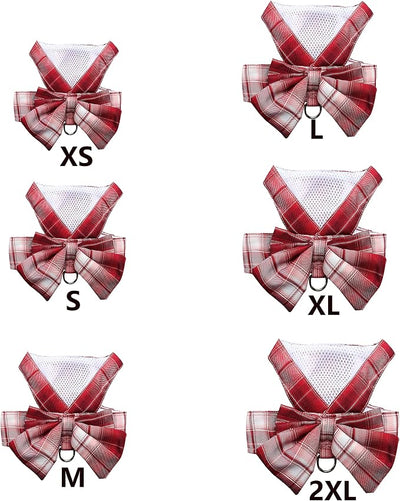 Plaid Dog Dress Bow Tie Harness Leash Set,Dog Clothes Harness Dress with Leash Ring for Small Dogs Girl, Puppy Princess Rabbit Clothes Chihuahua Yorkies Pet Outfits (Red, Small)