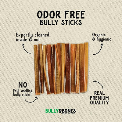 Bully & Bones 6 Inch Odor Free Bully Sticks (8 Ounces) for Small Dogs and Puppies. Healthy Single-Ingredient Beef chew Treats Crafted to Stimulate Your Dog’s Taste Buds. 6" Bully Sticks 8oz.