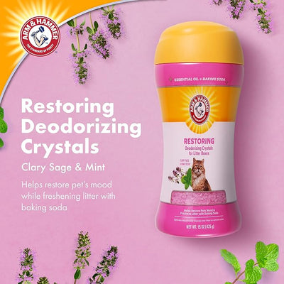 Arm & Hammer Restoring Cat Litter Box Deodorizing Crystals, Litter Deodorizer Additive to Help Absorb Odors and Restore Freshness Between Changes, Clary Sage & Mint Scent, 15 Oz - 2 Pack