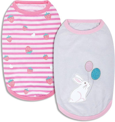 Blueberry Pet Pack of 2 Soft & Comfy Wonderland Striped Cotton Blend Dog T Shirts, Back Length 10", Clothes for Dogs