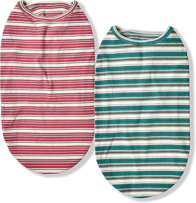 Dog Shirts Vest Cotton Striped T-Shirt, Sleeveless Stretchy Pet Clothes for Small Dogs, 2-Pack Soft Breathable Puppy Tank Top Cat Tee (Small, Pine Green,Plum Red)