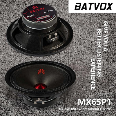 MX65P1 Midrange Loudspeaker 6.5" Red Dust Cap, 200W Max, 4 Ohms, Premium Quality Audio Door Speakers for Car or Truck Stereo Sound System, Black (2 Speaker)