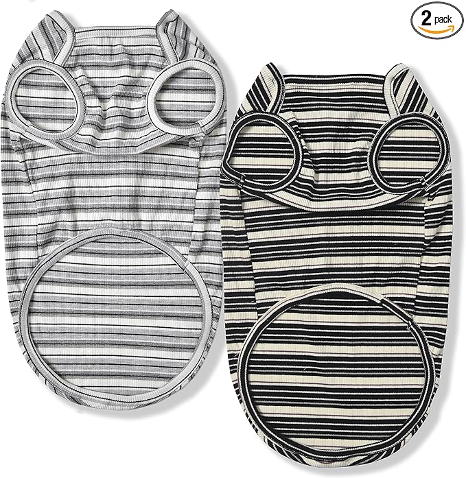 Dog Shirts Vest Cotton Striped T-Shirt, Sleeveless Stretchy Pet Clothes for Small Dogs, 2-Pack Soft Breathable Puppy Tank Top Cat Tee (Medium, Black,Gray)