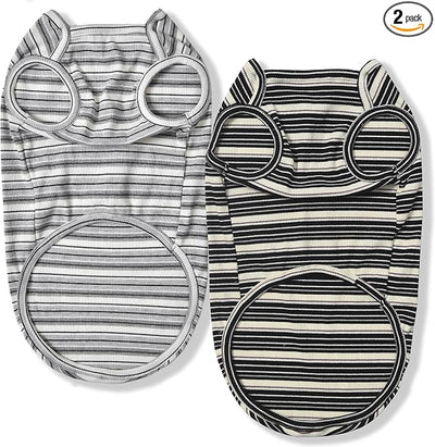Dog Shirts Vest Cotton Striped T-Shirt, Sleeveless Stretchy Pet Clothes for Small Dogs, 2-Pack Soft Breathable Puppy Tank Top Cat Tee (Small, Black,Gray)