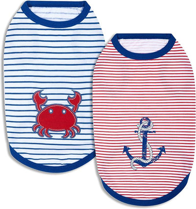 Blueberry Pet Soft & Comfy Summer Vacation Beach Cotton Dog T-Shirts, 2 Pack, Sunshine Sea Lover Striped Shirts Tank Top Clothes, Back Length 10", for Small Dogs