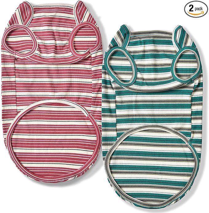 Dog Shirts Vest Cotton Striped T-Shirt, Sleeveless Stretchy Pet Clothes for Small Dogs, 2-Pack Soft Breathable Puppy Tank Top Cat Tee (Large, Pine Green,Plum Red)