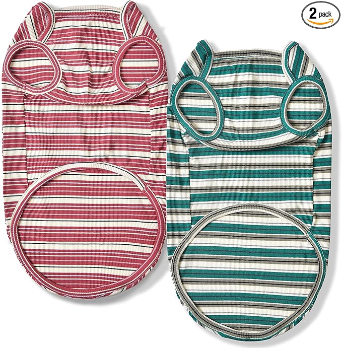Dog Shirts Vest Cotton Striped T-Shirt, Sleeveless Stretchy Pet Clothes for Small Dogs, 2-Pack Soft Breathable Puppy Tank Top Cat Tee (Small, Pine Green,Plum Red)