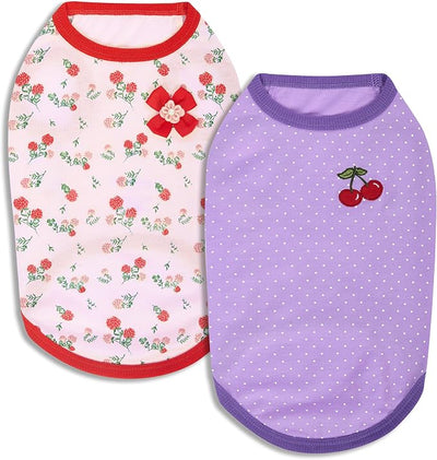 Blueberry Pet Pack of 2 Soft & Comfy Spring Hope Floral Cotton Blend Dog T Shirts Tank Top, Back Length 16", Clothes for Dogs